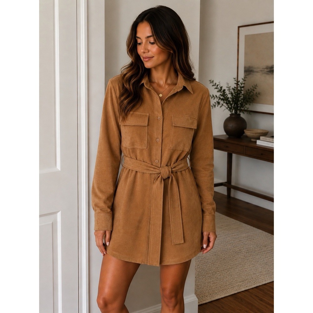Faux Suede Shirt Dress Size M Womens Tan Utility Safari Western Boho Chic Belted
